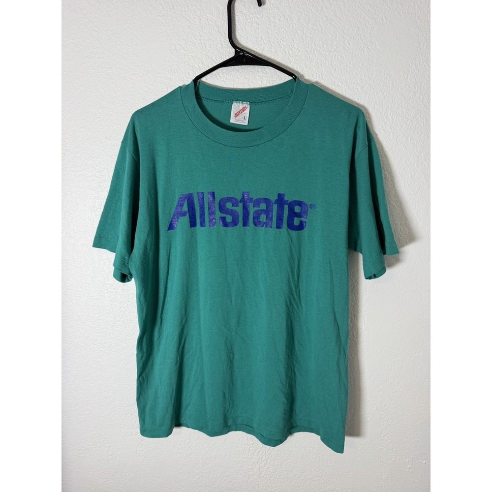 Vintage Allstate Insurance T Shirt 90s Jerzees USA Teal Blue Logo Size Large